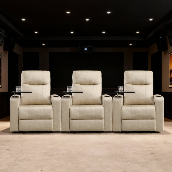 Bonzy Home Electric Recliner for Living Room Home Theater Seating Leather Reclining Chair Sofa Furniture with Cup Holders USB Ports and Hidden Storage, Beige, Set of 3