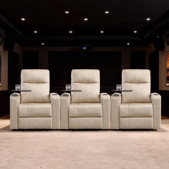 Bonzy Home Electric Power Recliner Chair Set of 3, Home Theater Seating with Swivel Tray Cup Holders USB Port & Hidden Storage, Reclining Chair Sofa Furniture for Movie Room, Beige