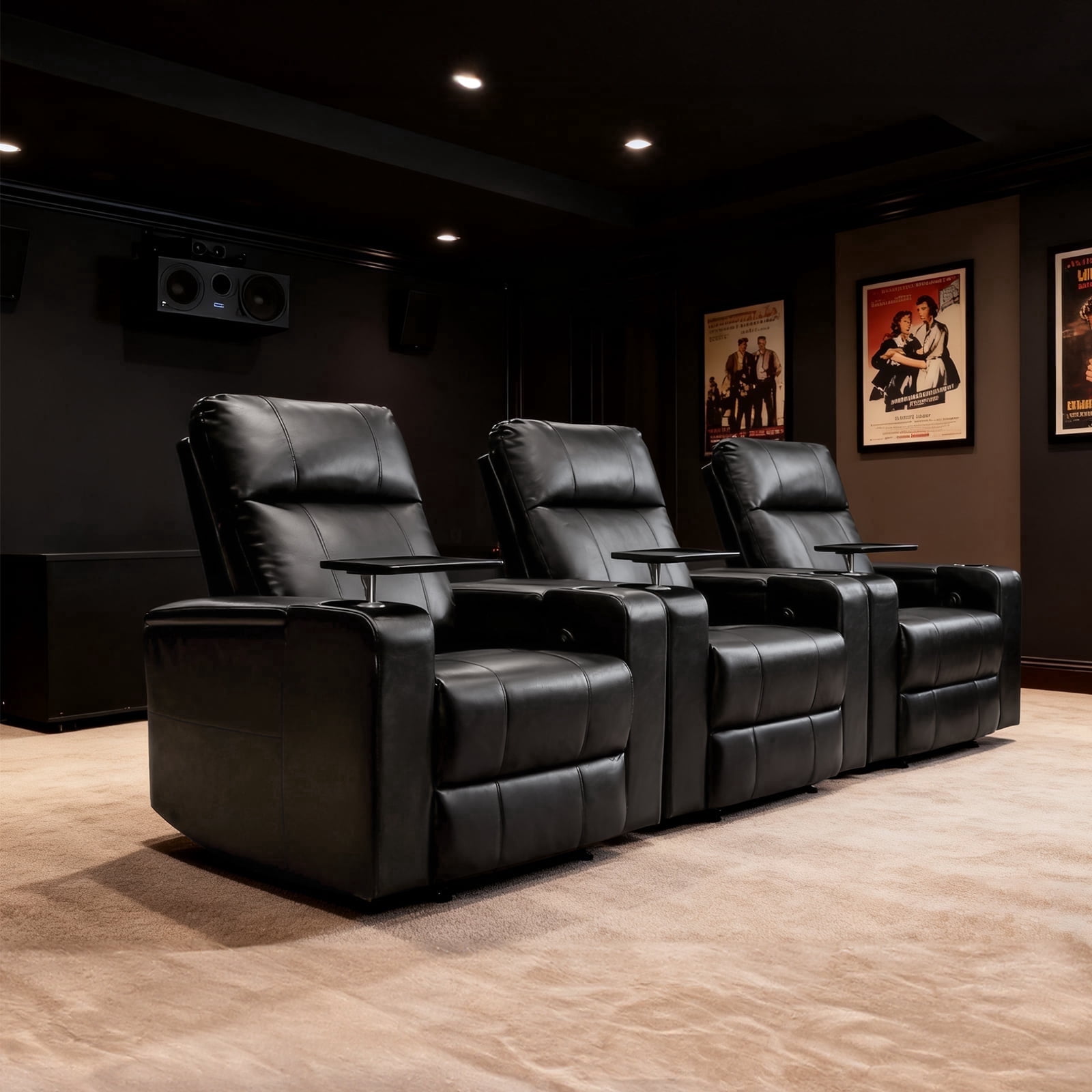 Bonzy Home Electric Power Recliner Chair Set of 3, Leather Home Theater Seating with Swivel Tray Cup Holders USB Port & Hidden Storage, Reclining Chair Sofa Furniture for Movie Room, Black