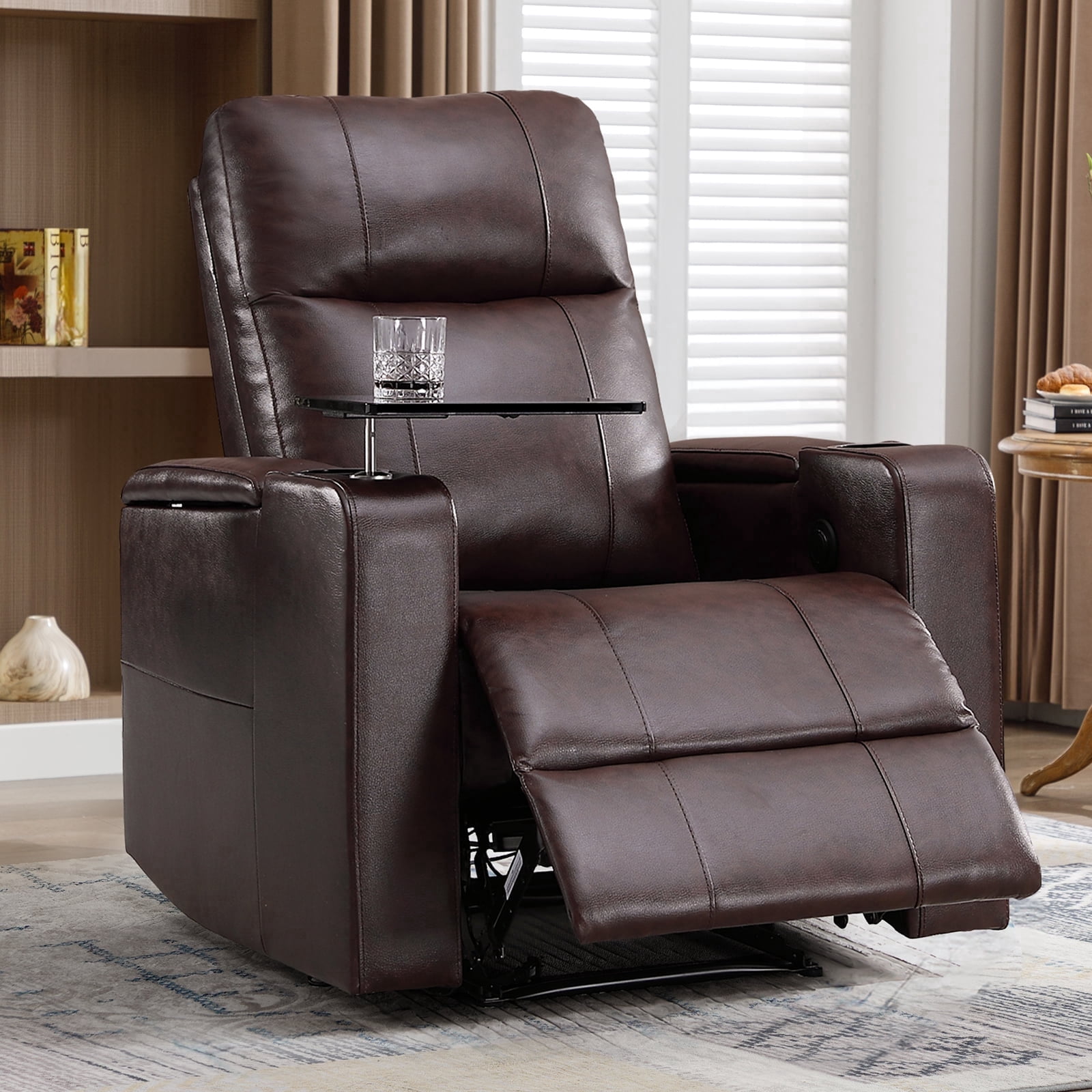 Bonzy Home Power Electric Recliner Chair, PU Leather Home Theater Seating with Swivel Tray Cup Holders, USB Port & Hidden Storage, Single Movie Recliner for Living Room Media Room, Brown
