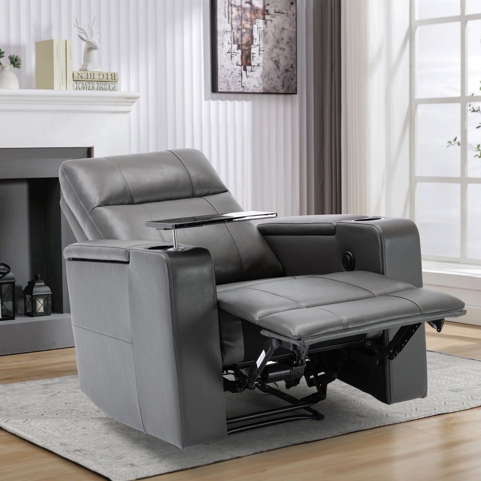 Bonzy Home Power Electric Recliner Chair, PU Leather Home Theater Seating with Cup Holders, USB Port & Hidden Storage, Single Movie Recliner for Living Room Media Room, Gray
