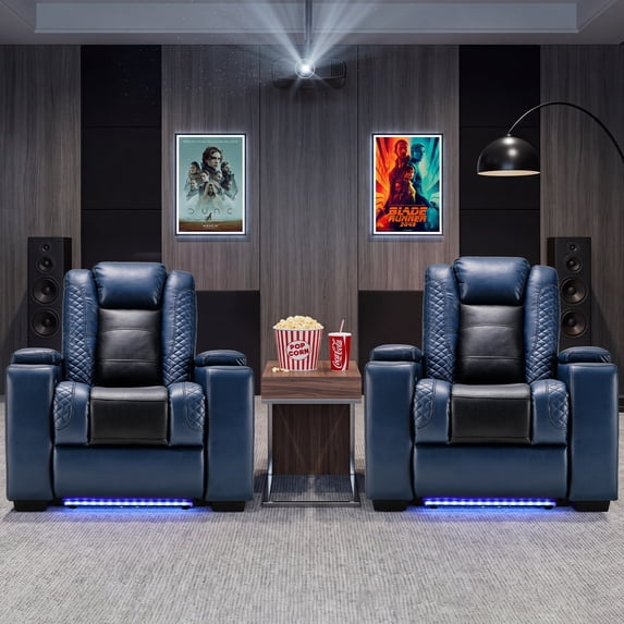 Bonzy Home Electric Recliner Set of 2 LED Lighting Adjustable Headrest with USB Ports and Cup Holders Home Theater Seating Reclining Chair Hidden Arm Storage, Blue