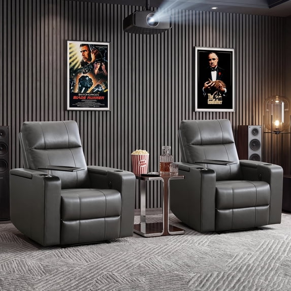 Bonzy Home Power Electric Recliner Set of 2, Home Theater Seating Chairs with Cup Holders, USB Port & Hidden Storage, PU Leather Movie Recliner for Living Room Media Room, Gray
