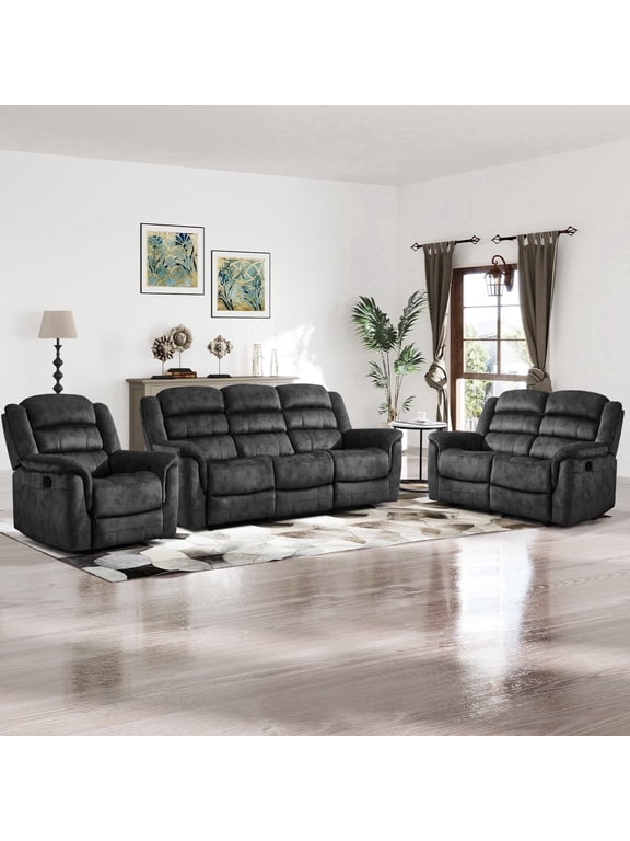 3-Piece Fabric Manual Recliner Sofa Set, Single Chair, Loveseat & 3-Seat Couch for Living Room Furniture