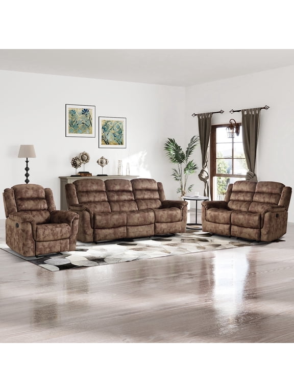 Manual Reclining Fabric 3-Piece Sofa Set, Includes Single Recliner Chair, Loveseat and 3-Seat Sofa for Home Living Space