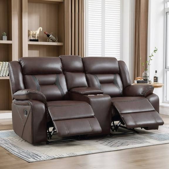 Bonzy Home Faux Leather Manual Loveseat Recliner with Center Console, Hidden Storage & Cup Holders – Dual Reclining Sofa Chair for Living Room & Meeting Room
