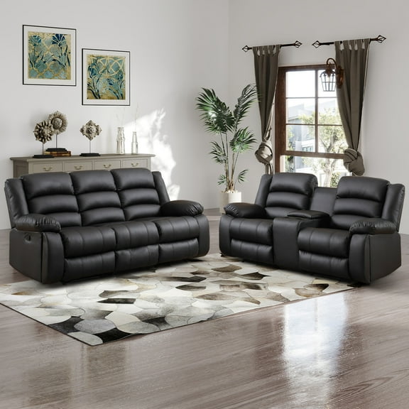 Bonzy Home Faux Leather Manual Recliner Sofa Set, Recliner Chair, Loveseat Reclining Sofa and 3 Seat Recliner Sofa, Couch Furniture Set for Living Room, Meeting Room, Black(Loveseat+Couch)