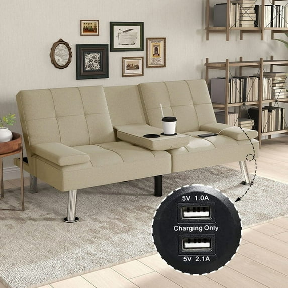 Bonzy Home Futon Versatile Sofa Bed with Cup Holders USB Port Foldable 2-Seater Guest Bed for Living Room, Ivory