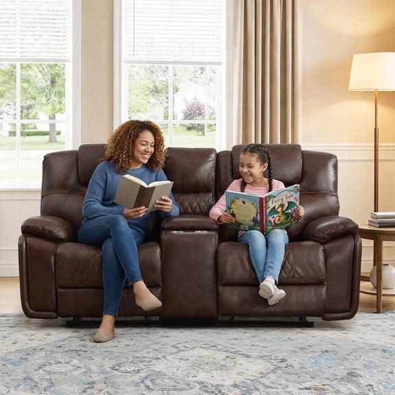 Bonzy Home Genuine Leather Manual Loveseat Recliner with Center Console, Hidden Storage & Cup Holders – Professional Reclining Sofa for Living Room & Office