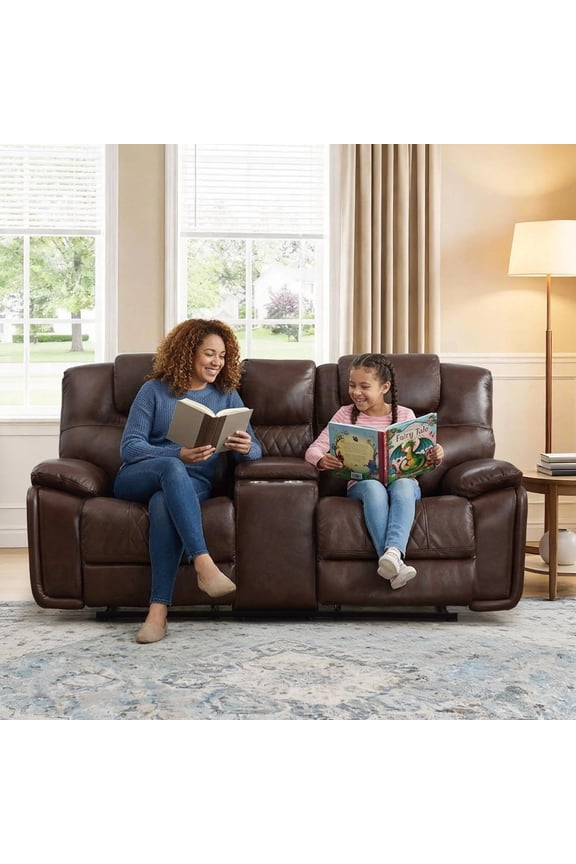 Genuine Leather Manual Loveseat Recliner with Center Console, Hidden Storage & Cup Holders – Professional Reclining Sofa for Living Room & Office