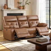 Bonzy Home Genuine Leather Power 3-Seater Recliner Sofa Set, Mid-Century Electric Reclining Couch with USB & Type-C Ports, Cup Holders & Hidden Storage, Saddle Brown