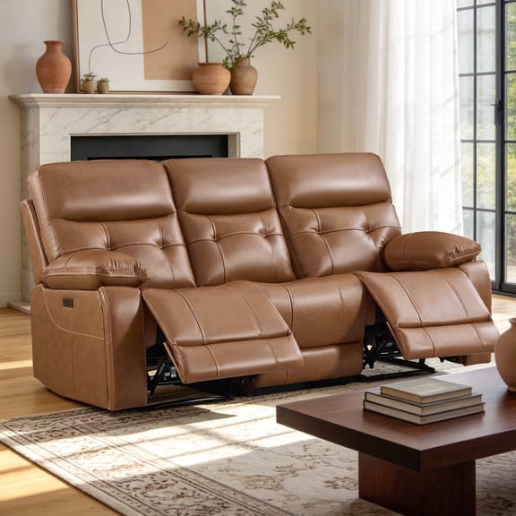 Bonzy Home Genuine Leather Power 3-Seater Recliner Sofa Set, Mid-Century Electric Reclining Couch with USB & Type-C Ports, Cup Holders & Hidden Storage, Saddle Brown