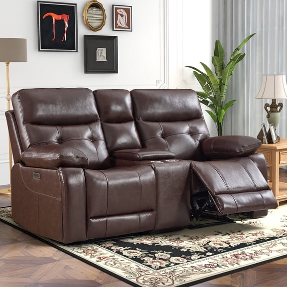 Bonzy Home Genuine Leather Power Loveseat Recliner, Modern Recliner Sofa with Center Console & Adjustable Backrest, USB & Type-C Ports, Cup Holders & Hidden Storage, Espresso Brown