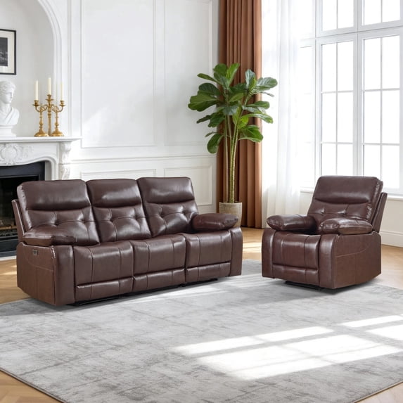 Bonzy Home Genuine Leather Power Recliner Sofa Set, Single Recliner Chair & 3-Seat Sofa Living Room Sets with USB & Type-C Ports, Cup Holders & Hidden Storage, Espresso Brown