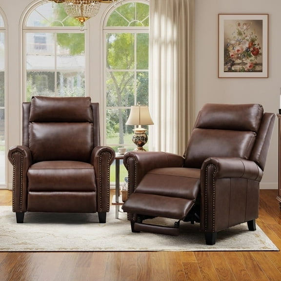 Bonzy Home Genuine Leather Recliner with Classic and Traditional Armrests inlaid with Vintage Rivets Push Back Chair for Living Room Bedroom, Brown, Set of 2