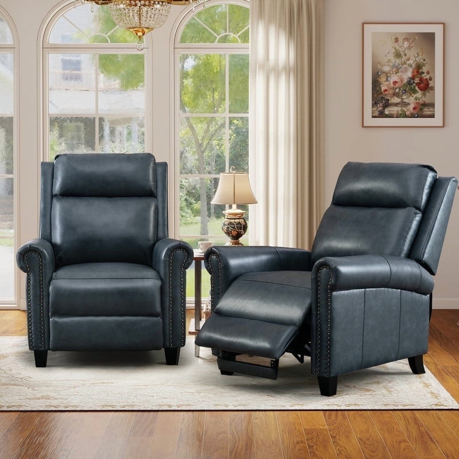 Bonzy Home Genuine leather Recliner Push Back Recline Chair with Classic and Traditional Armrests inlaid with Vintage Rivets, Navy, Set of 2
