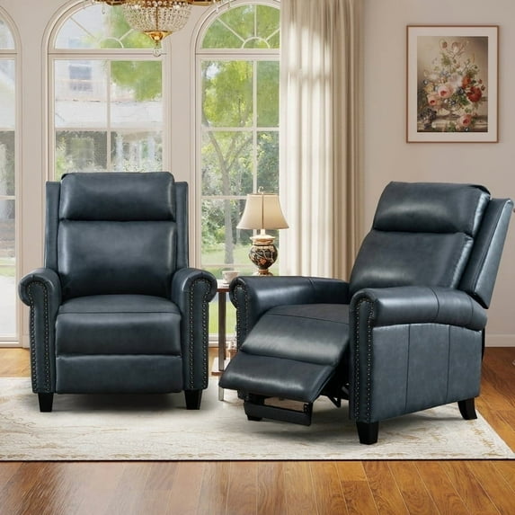 Bonzy Home Genuine leather Recliner Push Back Recline Chair with Classic and Traditional Armrests inlaid with Vintage Rivets, Navy, Set of 2