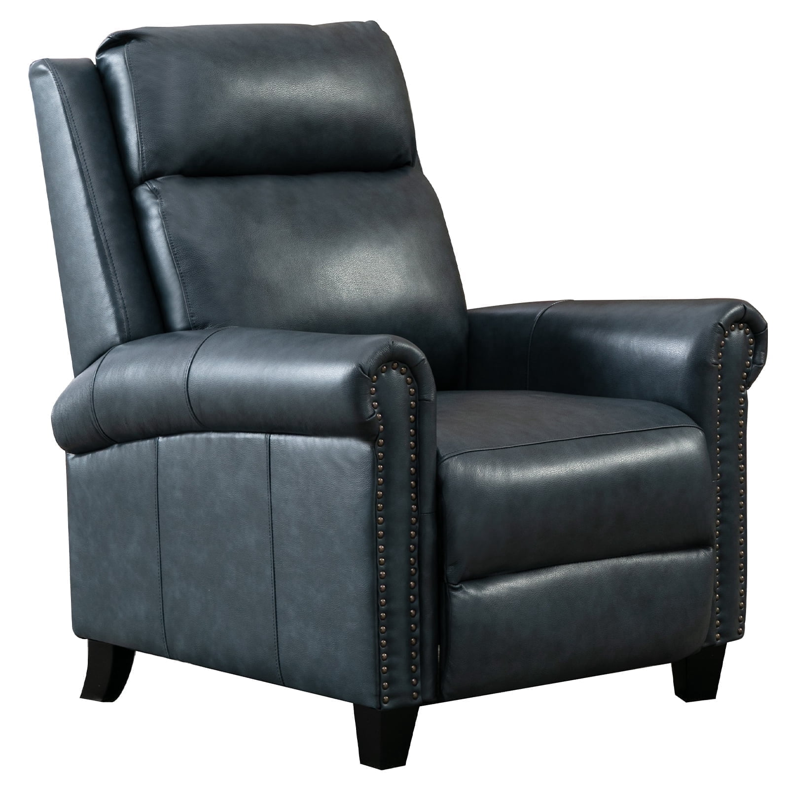 Bonzy Home Genuine Leather Recliner Push Back Recline Chair with Classic and Traditional Armrests Inlaid with Vintage Rivets, Navy