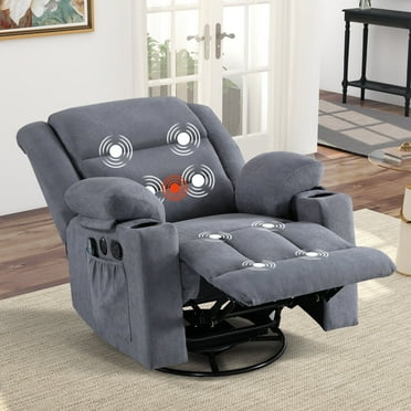 Bonzy Home Heated and Massage Swivel Rocker Recliner with Cup Holder Padded Breathable Fabric Manual Reclining Chair with USB Ports, Home Theater Seating, Gray