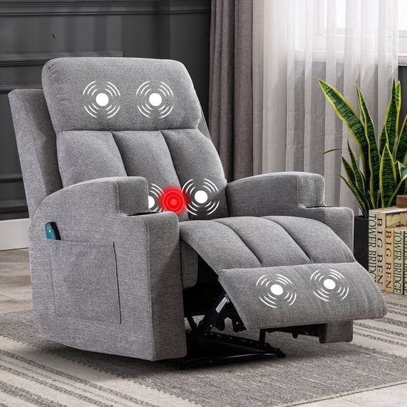 Bonzy Home Heated Manual Massage Recliner with Cup Holder Padded Breathable Fabric Recliner, Home Theater Seating,Light Gray