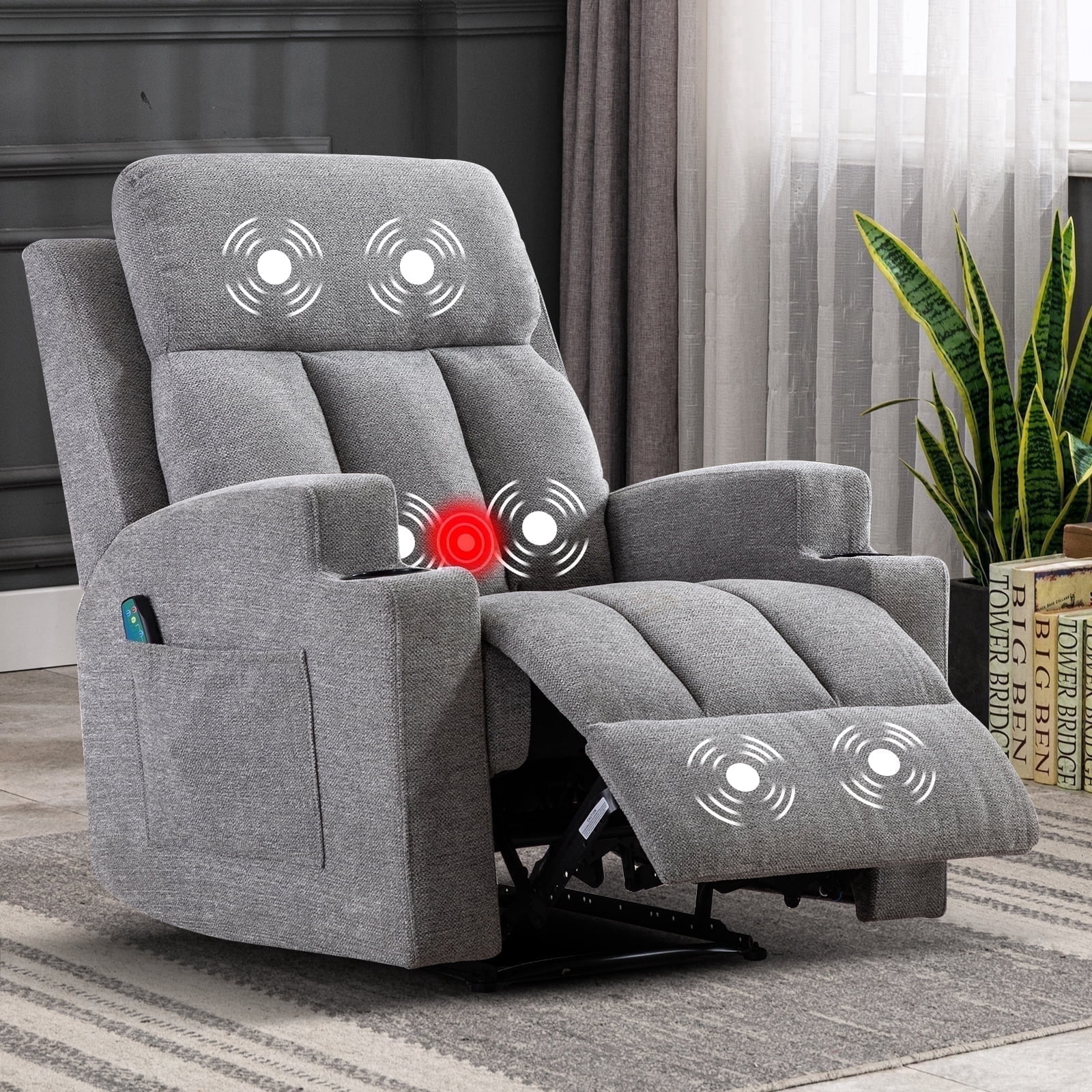 Ebello Manual Heated Massage Recliner, Soft Fabric Modern Overstuffed Recliner with Cup Holders for Living Room & Home Theater, Light Gray