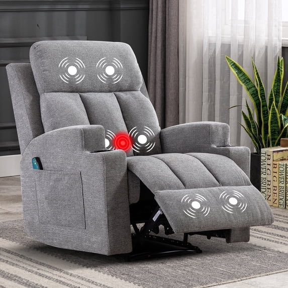 Ebello Manual Heated Massage Recliner, Soft Fabric Modern Overstuffed Recliner with Cup Holders for Living Room & Home Theater, Light Gray