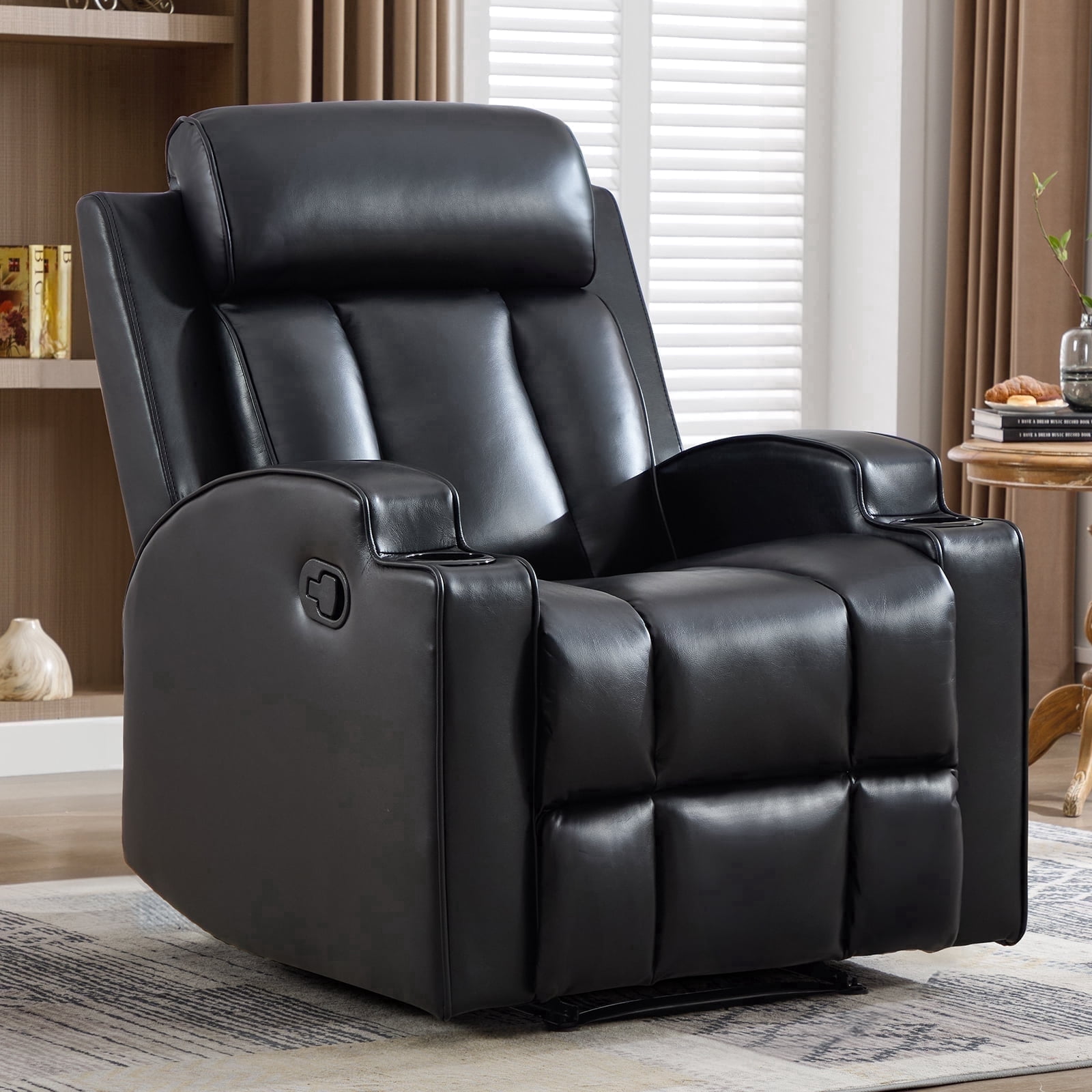 Ebello Manual Reclining Chair, PU Leather Modern Overstuffed Recliner with Cup Holders for Living Room & Home Theater, Black