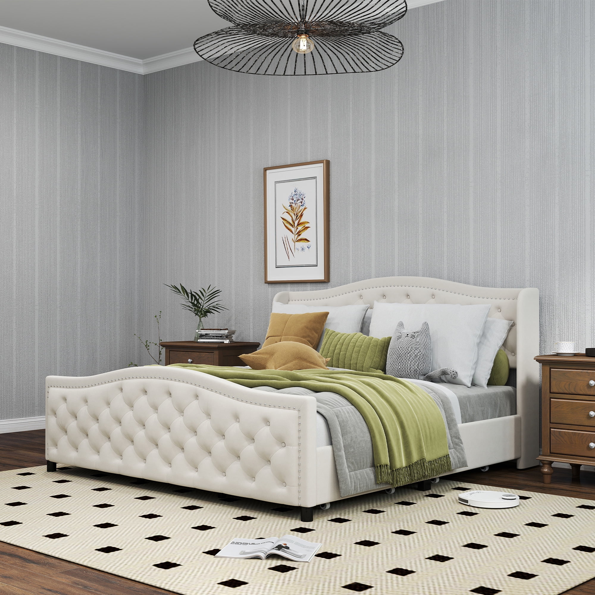 Bonzy Home King Size Bed Frame with Storage Velvet Upholstered Sleigh ...