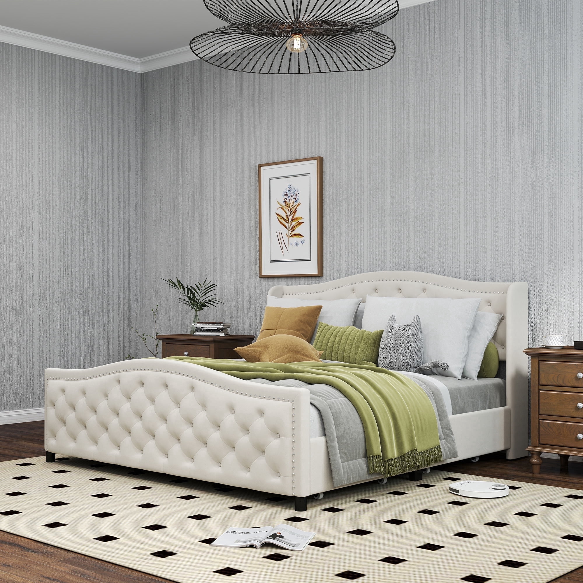 Bonzy Home King Size Bed Frame with Storage Velvet Upholstered Sleigh Bed with Headboard Button Tufted Easy Assembly Luxury