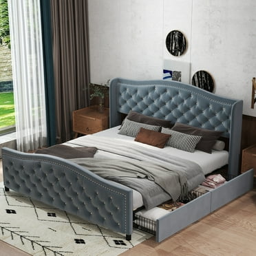 Bonzy Home King Size Bed Frame with Storage Velvet Upholstered Sleigh Bed with Headboard Button Tufted Easy Assembly Luxury Blue