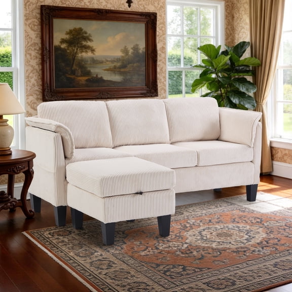 Bonzy Home 70 Inch L-Shaped Modular Sectional Sofa, 3-Seat Reversible Corduroy Couch with Storage & Movable Ottoman, Modern Convertible Living Room Sofa, Breathable Beige Fabric