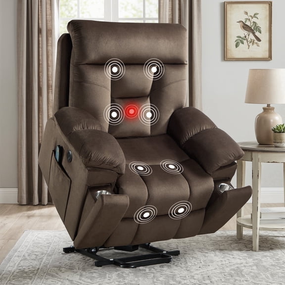 Bonzy Home Large Power Lift Recliner Chair with Massage and Heat for Elderly Big and Tall People, Overstuffed Wide Recliners with 2 Cup Holders, Side Pocket and USB Port, Brown