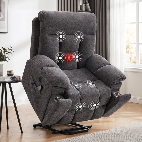Bonzy Home Large Power Lift Recliner Chair with Massage and Heat for Elderly Big and Tall People, Overstuffed Wide Recliners with 2 Cup Holders, Side Pocket and USB Port, Gray
