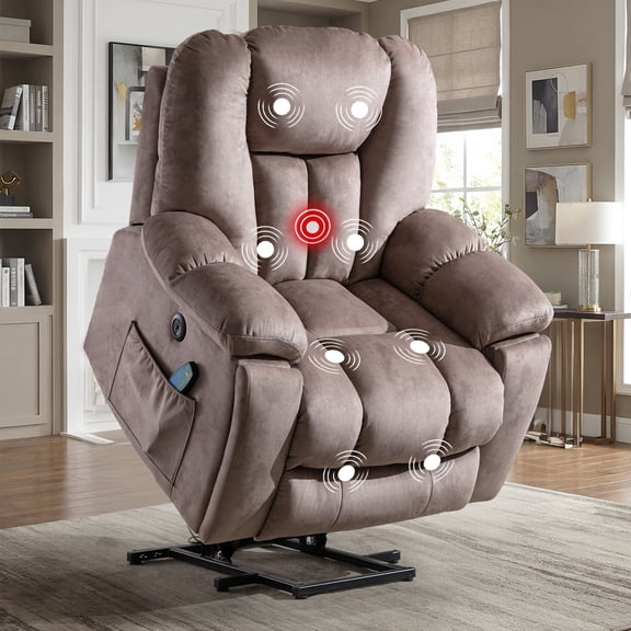 Bonzy Home Large Power Lift Recliner Chair with Heat Massage, USB Ports - Ergonomic Recliner Chair for Elderly, Light Brown