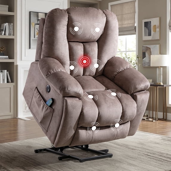 Ebello Large Power Lift Recliner Chair with Heat Massage, USB Ports - Ergonomic Recliner Chair for Elderly, Light Brown