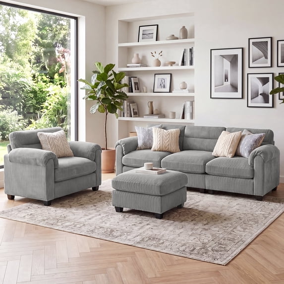 Bonzy Home Living Room Sofa Set Cloud Couch Sectional with Ottoman Modular Sectional Sofa Entertaining Guests Gray