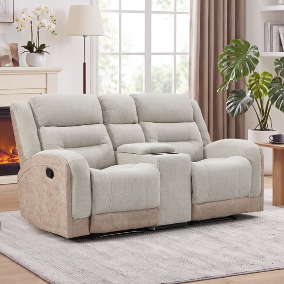 Bonzy Home Loveseat Recliner with Center Console, Soft Fabric 2-Seater Manual Recliner Sofa, Hidden Storage & Cup Holders, Reclining Sofa for Living Room , Beige