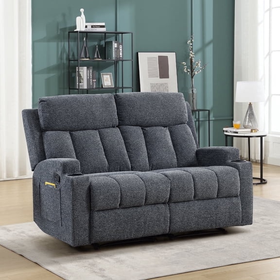 Ebello Manual Recliner Loveseat, Extra Wide Soft Fabric Overstuffed 2-Seat Reclining Sofa with Cup Holders for Living Room & Home Theater, Navy