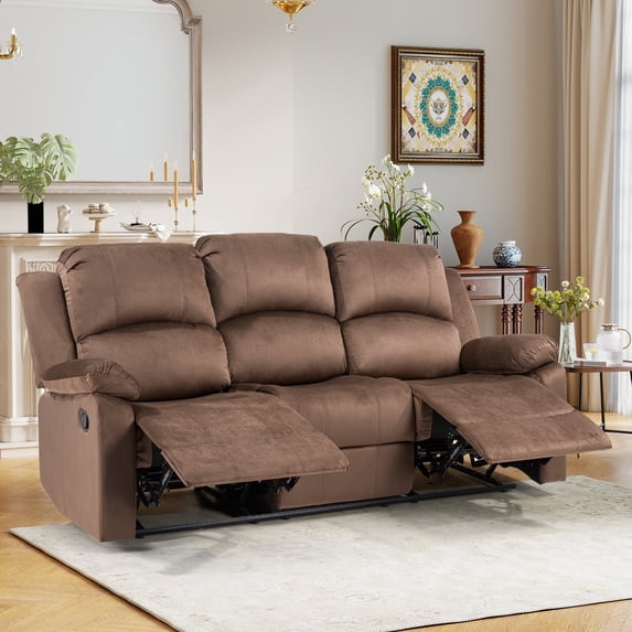 Bonzy Home Manual 3-Seat Reclining Sofa — Soft 3-Seater Couch with Overstuffed Arms & Backrest, Brown