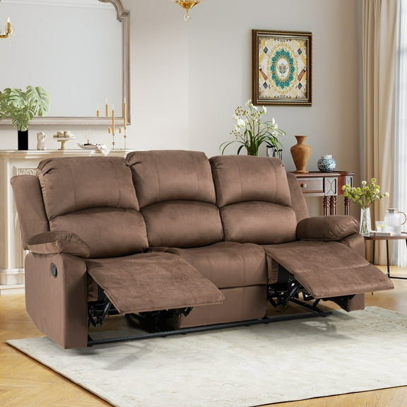 Bonzy Home Manual 3-Seat Reclining Sofa — Soft 3-Seater Couch with Overstuffed Arms & Backrest, Brown