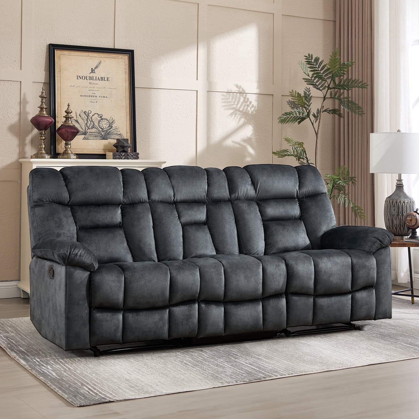 Bonzy Home Manual 3-Seat Reclining Sofa — Wide Backrests & Headrests, Gray
