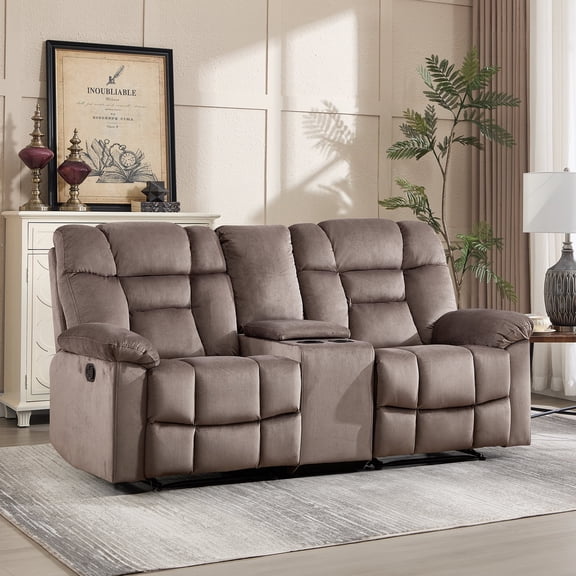 Bonzy Home Manual Loveseat Recliner — 2-Seater Reclining Sofa with Center Storage Console & Cup Holders, Brown