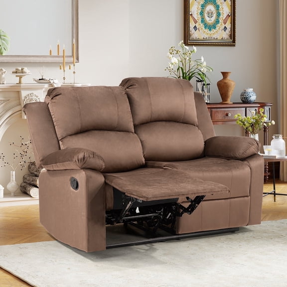 Bonzy Home Manual Loveseat Recliner Sofa — Soft 2-Seat Reclining Couch with Overstuffed Arms & Back, Brown
