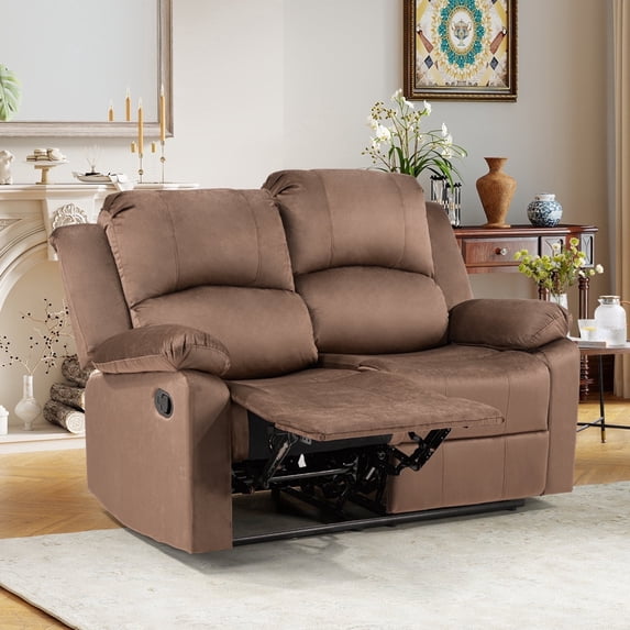 Bonzy Home Manual Loveseat Recliner Sofa — Soft 2-Seat Reclining Couch with Overstuffed Arms & Back, Brown