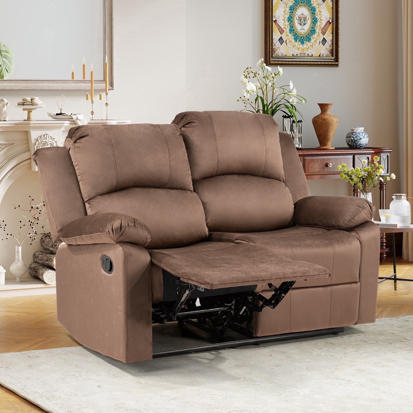 Bonzy Home Manual Loveseat Recliner Sofa — Soft 2-Seat Reclining Couch with Overstuffed Arms & Back, Brown