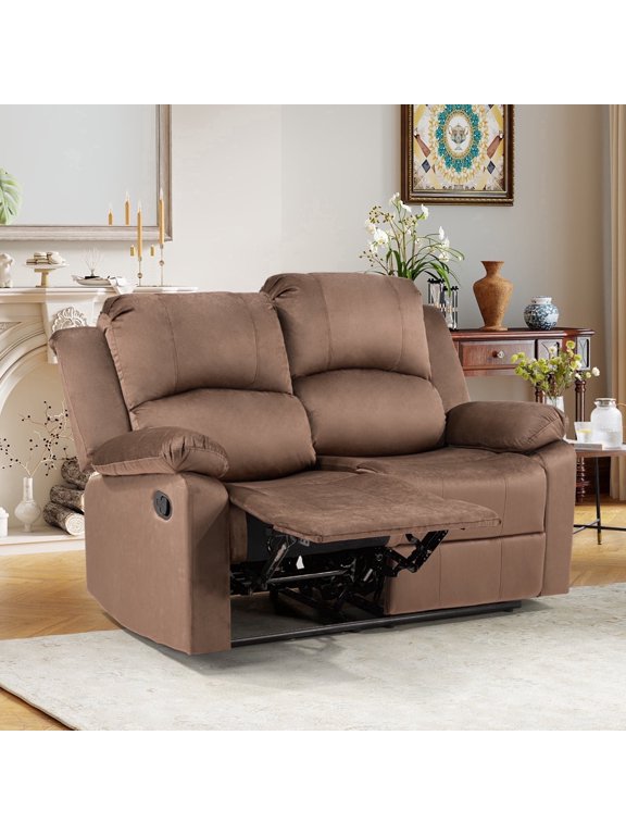 Manual Loveseat Recliner Sofa — Soft 2-Seat Reclining Couch with Overstuffed Arms & Back, Brown