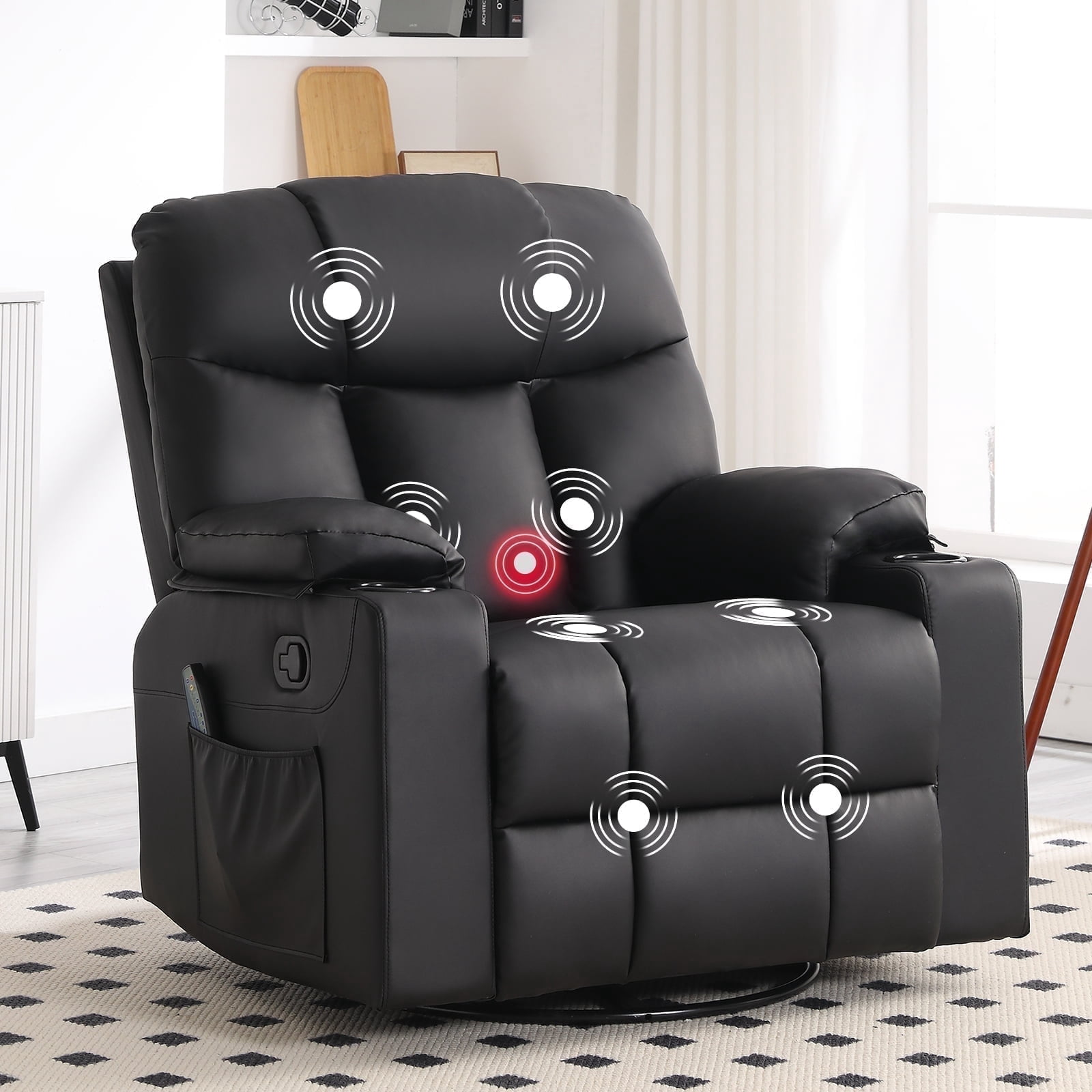 Bonzy Home Rocker Recliner Chair with Swivel Base, Massage & Heat, 2 Cup Holders – Comfortable Recliner for Living Room, Bedroom, Black