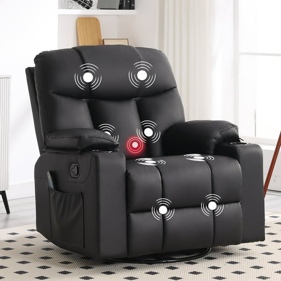 Bonzy Home Rocker Recliner Chair with Swivel Base, Massage & Heat, 2 Cup Holders – Comfortable Recliner for Living Room, Bedroom, Office