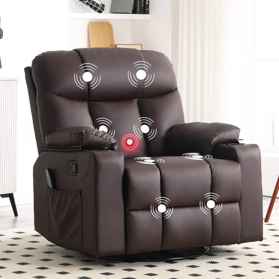 Bonzy Home Rocker Recliner Chair with Swivel Base, Massage & Heat, 2 Cup Holders – Comfortable Recliner for Living Room, Bedroom, Office