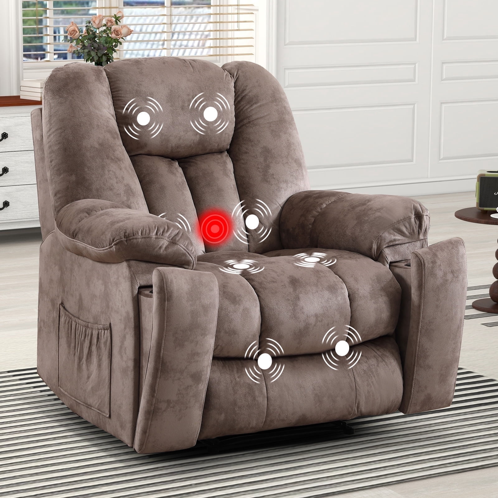 Bonzy Home Manual Recliner Chair with Massage and Heat, Overstuffed Single Reclining Sofa with Hidden Cup Holders and Side Pocket, Brown